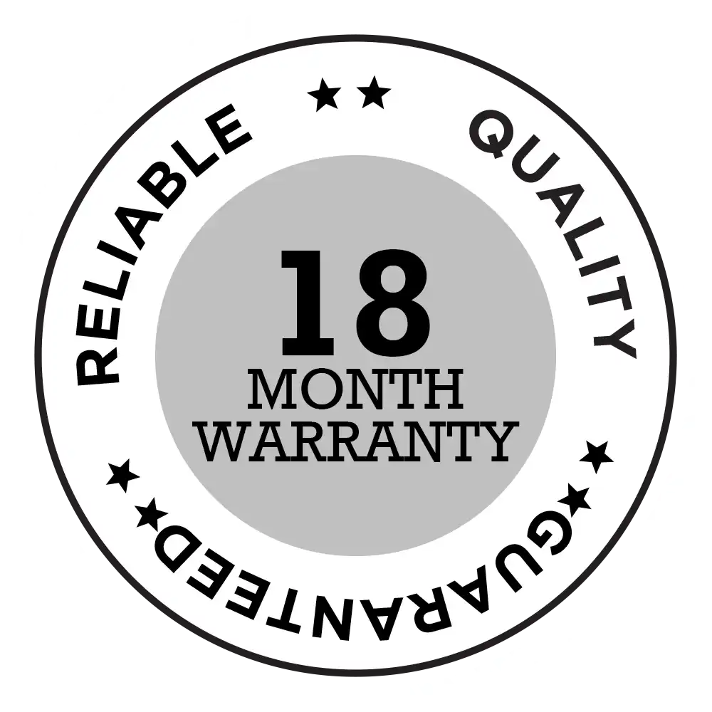 A circular guarantee seal for an 18-month warranty, featuring the text Reliable Quality Guaranteed.