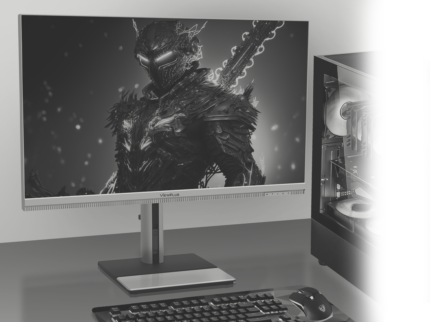 A monochrome image showing a ViewPlus gaming monitor displaying a futuristic armored warrior character next to a desktop PC tower, keyboard, and gaming mouse.