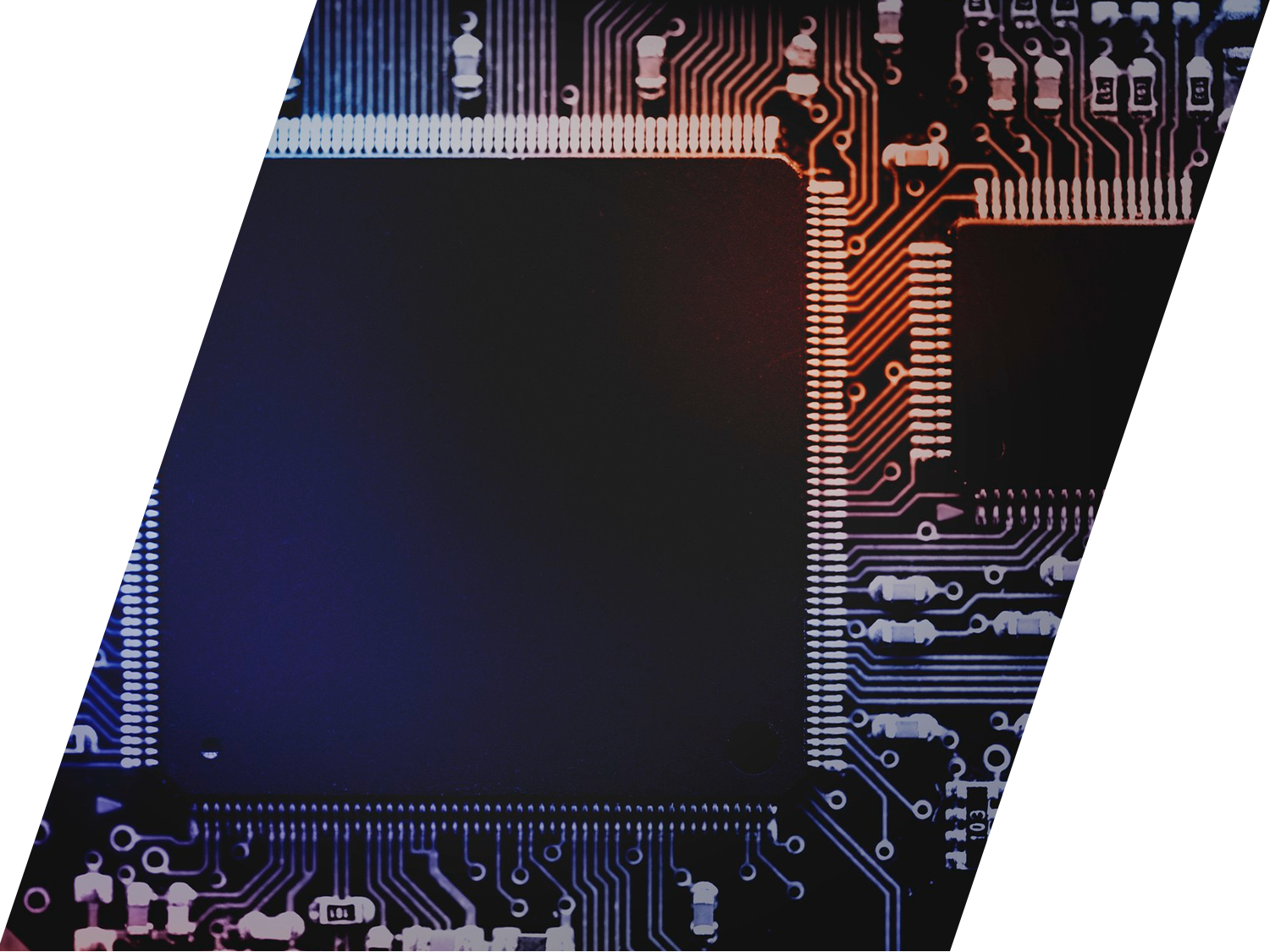 Close-up of a computer processor chip mounted on a circuit board with glowing blue and orange data pathways.
