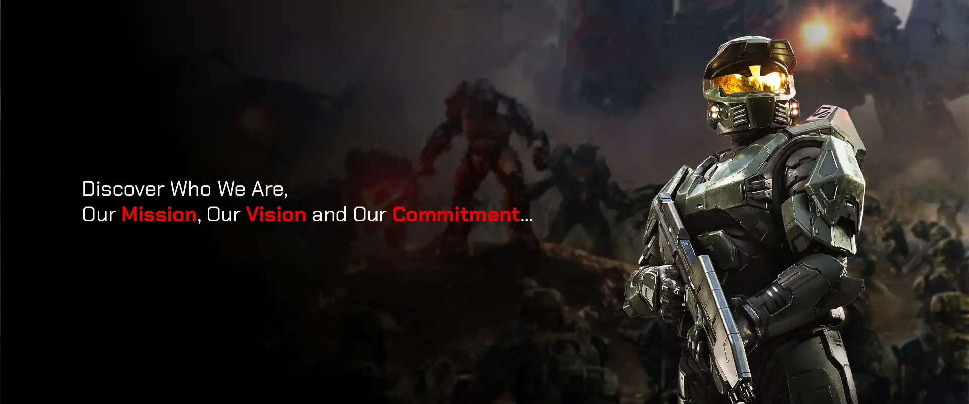 Master Chief in green MJOLNIR armor holding an assault rifle, standing on a battlefield with Banished enemies and explosions in the background.