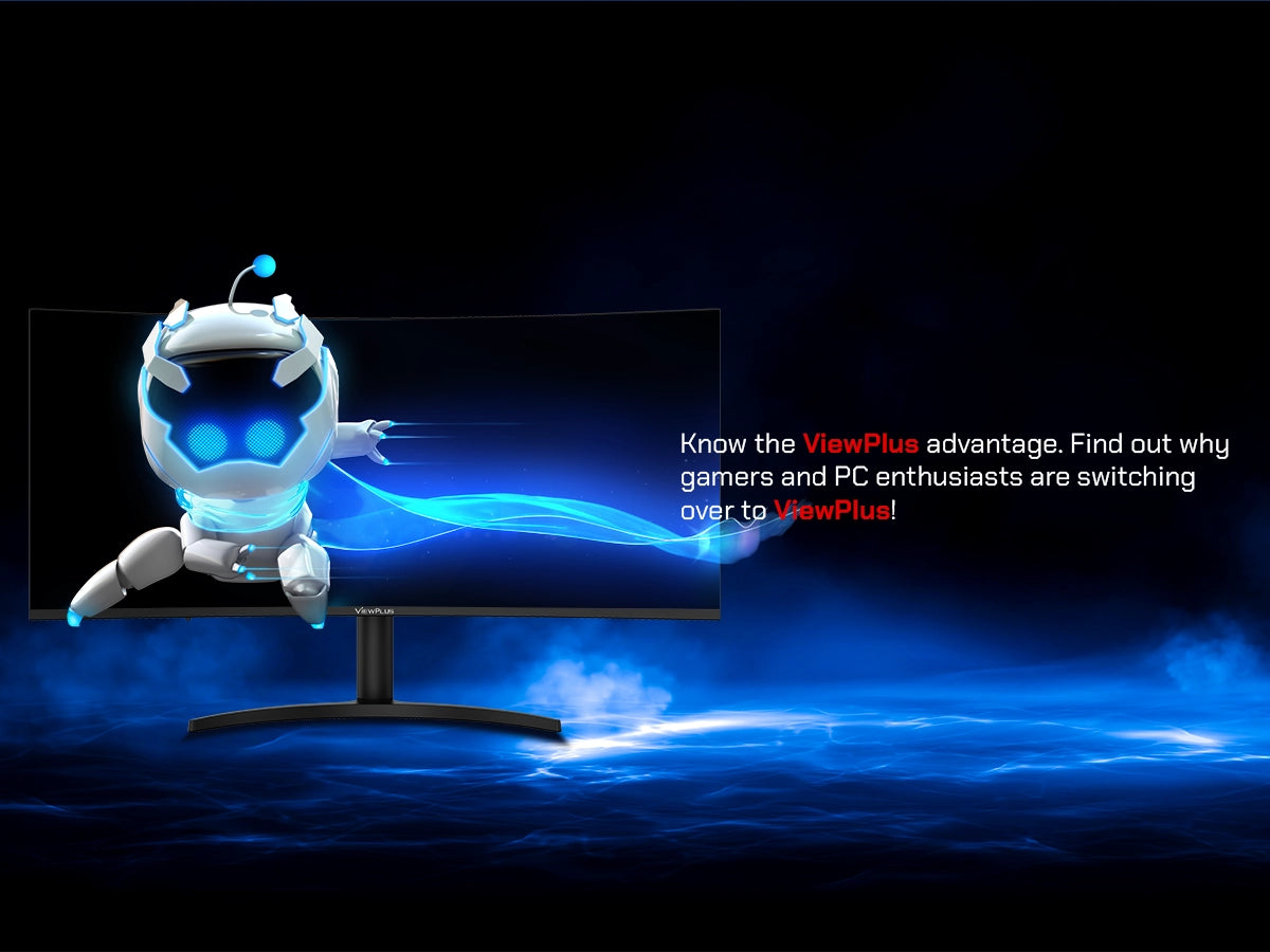 Futuristic white robot character jumping out of a Viewplus curved monitor screen surrounded by glowing blue energy streaks.