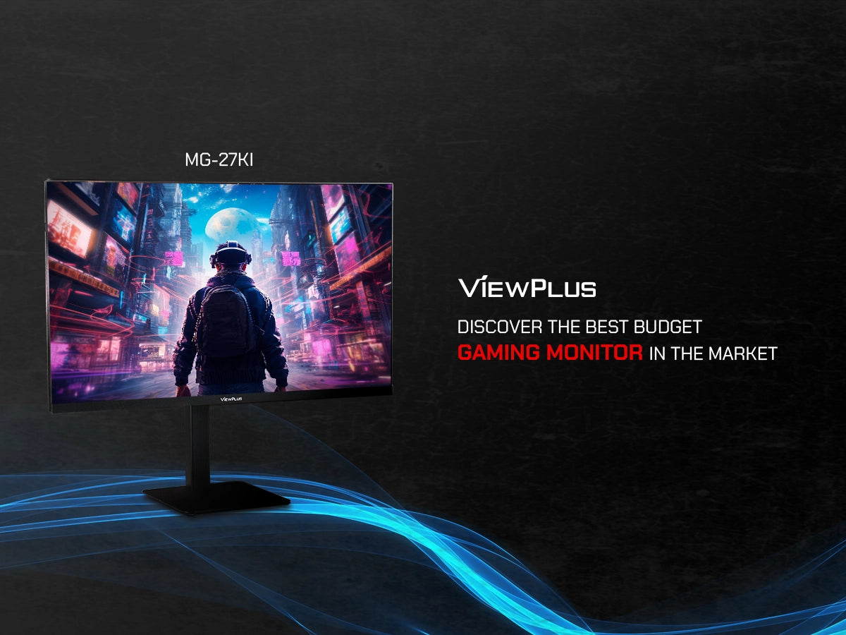 Viewplus MG-27KI budget gaming monitor showcasing a colorful cyberpunk city street wallpaper against a dark textured background.