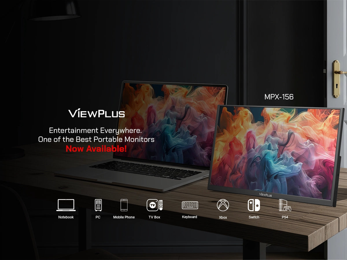 Viewplus MPX-156 portable monitor displayed next to a laptop on a wooden table, showcasing device compatibility icons for PC, Xbox, Switch, and PS4.