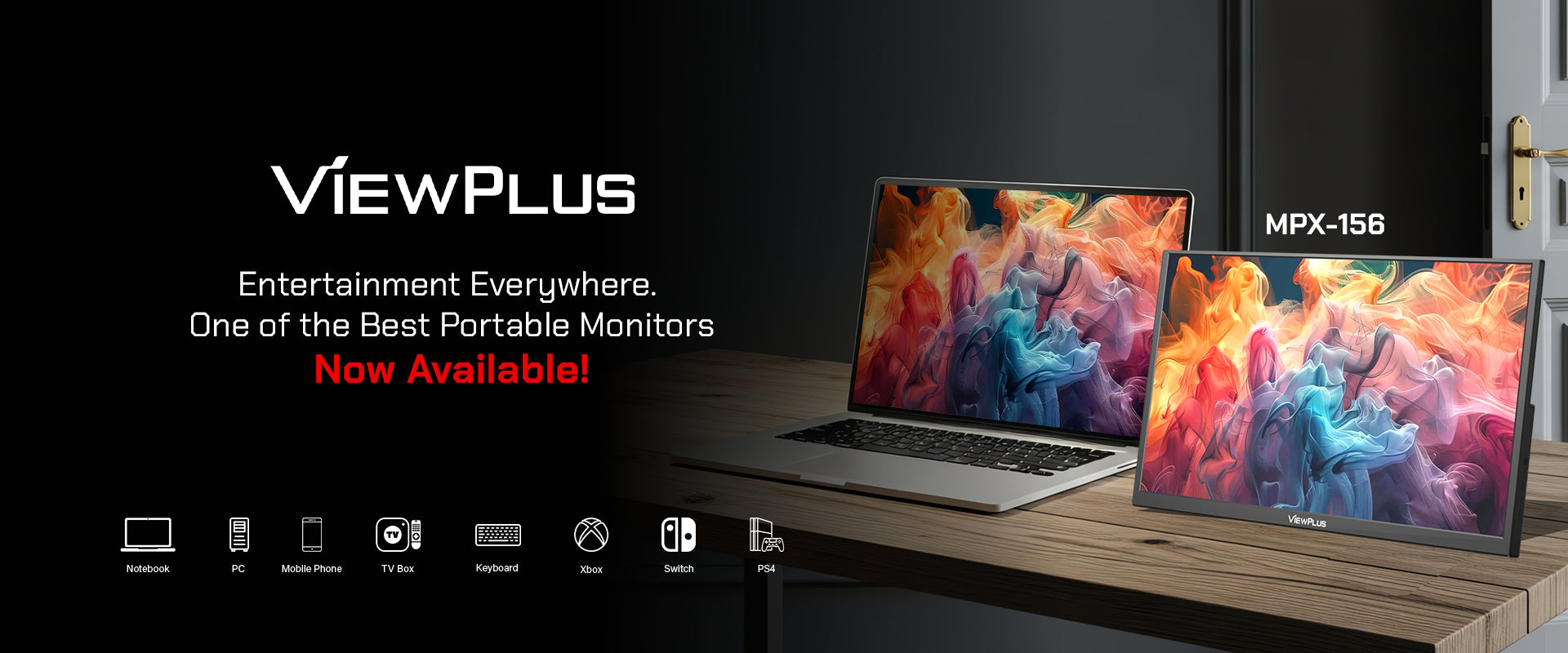 A promotional banner for the ViewPlus MPX-156 portable monitor, showcasing the slim display screen next to a laptop on a wooden desk, with text highlighting it as one of the best portable monitors for entertainment everywhere.