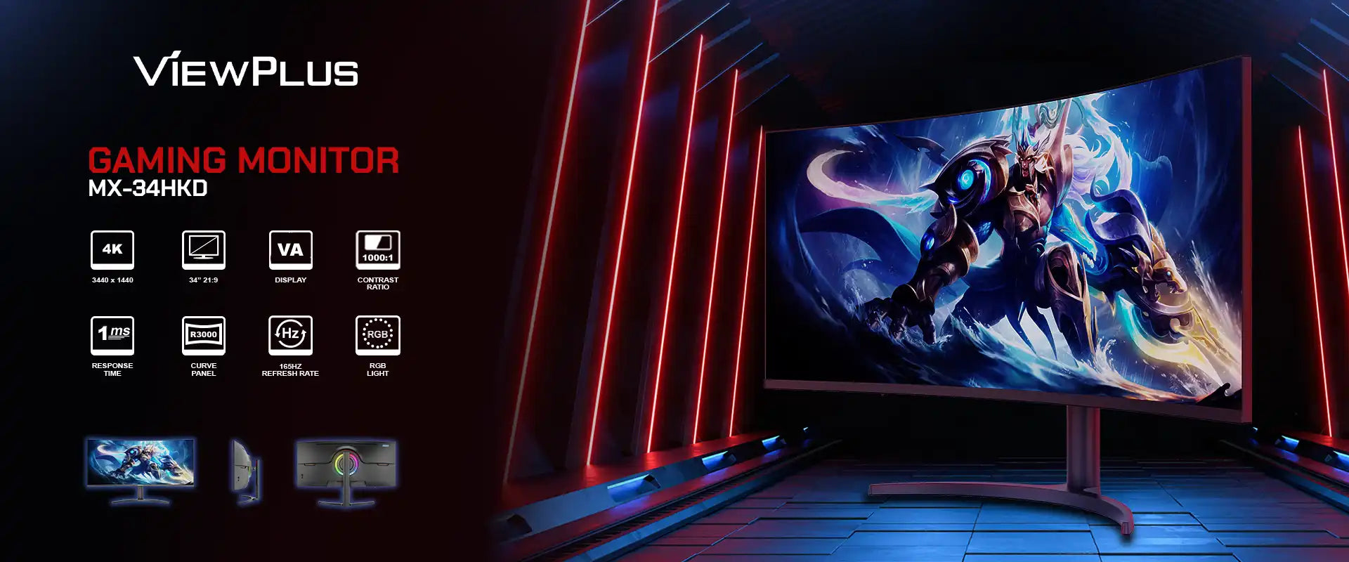 ViewPlus MX-34HKD 34-inch ultrawide curved gaming monitor with 4K UHD 3440 x 1440 resolution, 165Hz refresh rate, and 1ms response time displaying a high-fantasy warrior.