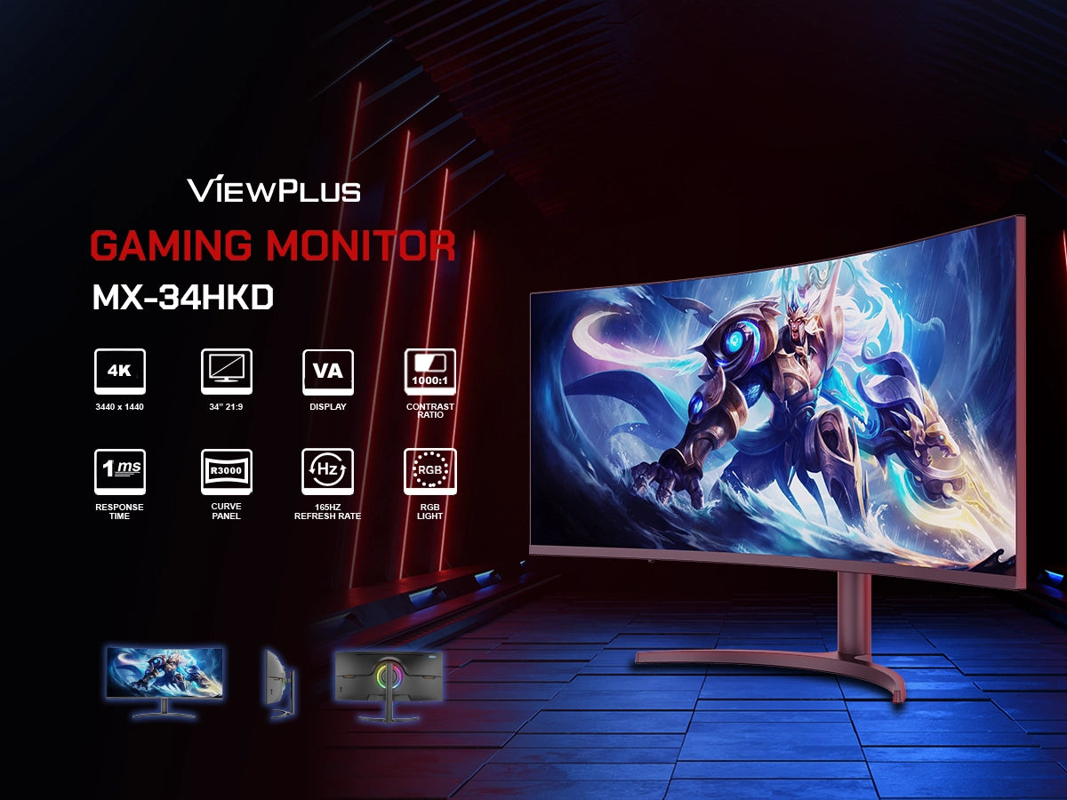 Viewplus MX-34HKD 34-inch ultra-wide curved gaming monitor featuring a 165Hz refresh rate, 1ms response time, 4K resolution, and VA display panel.