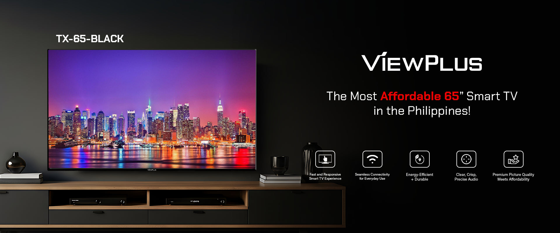 An advertising banner for the ViewPlus TX-65-BLACK, showcasing a 65-inch smart TV mounted on a wall above a wooden media console, displaying a vibrant night cityscape of New York.